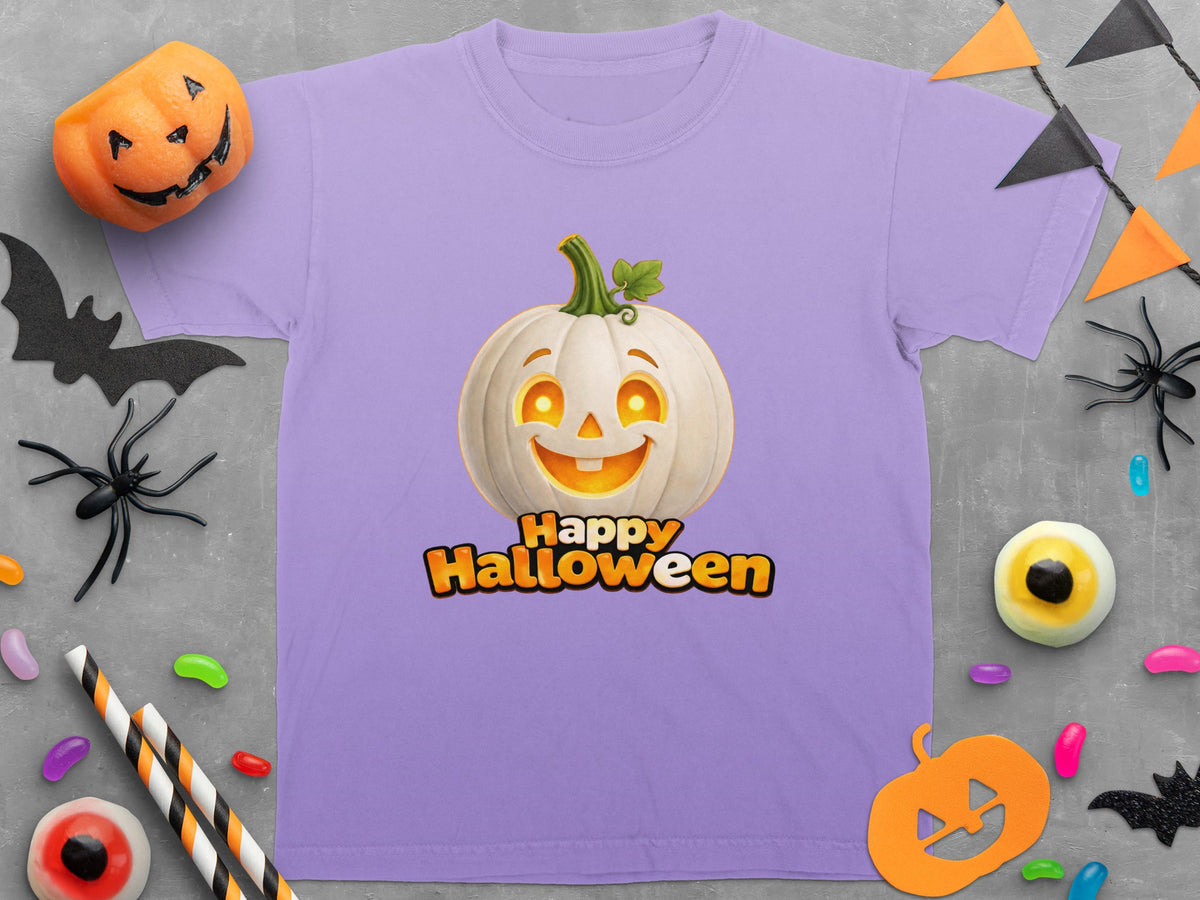 Purple t-shirt with a white jack-o'-lantern and "Happy Halloween" text.