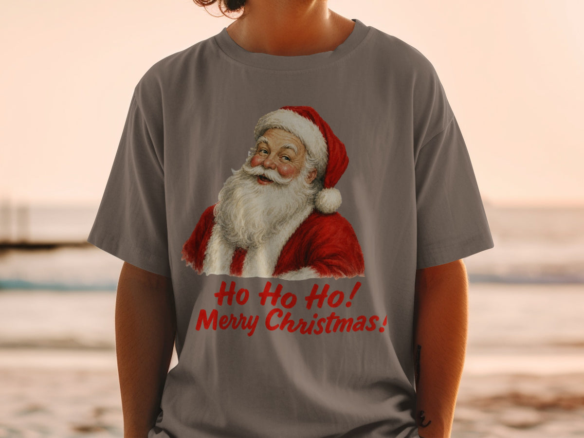 Grey t-shirt with a vintage Santa Claus graphic and text "Ho Ho Ho! Merry Christmas!".