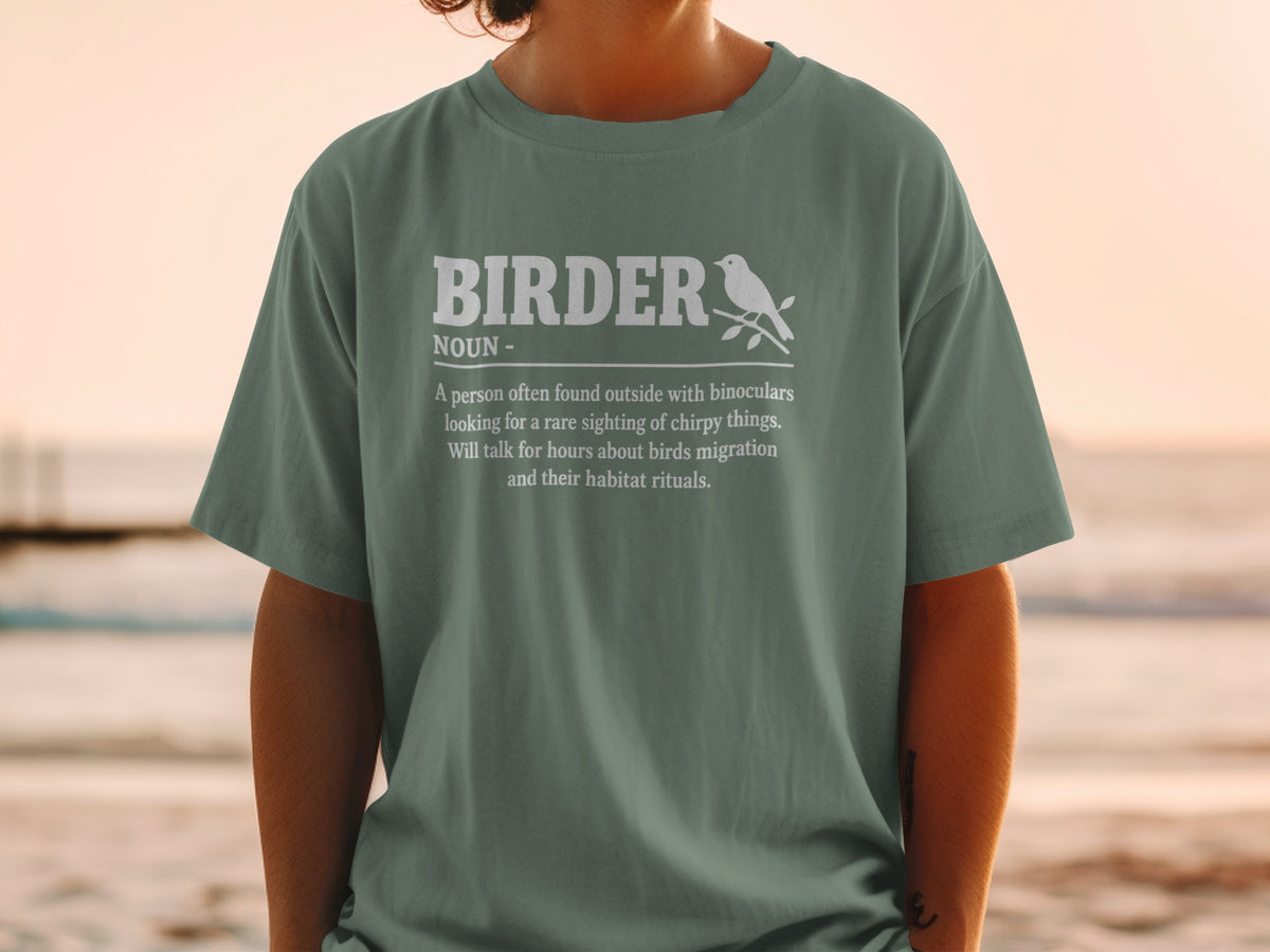Green t-shirt with "Birder" definition and bird graphic.