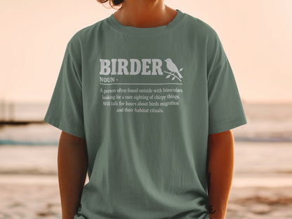 Green t-shirt with "Birder" definition and bird graphic.