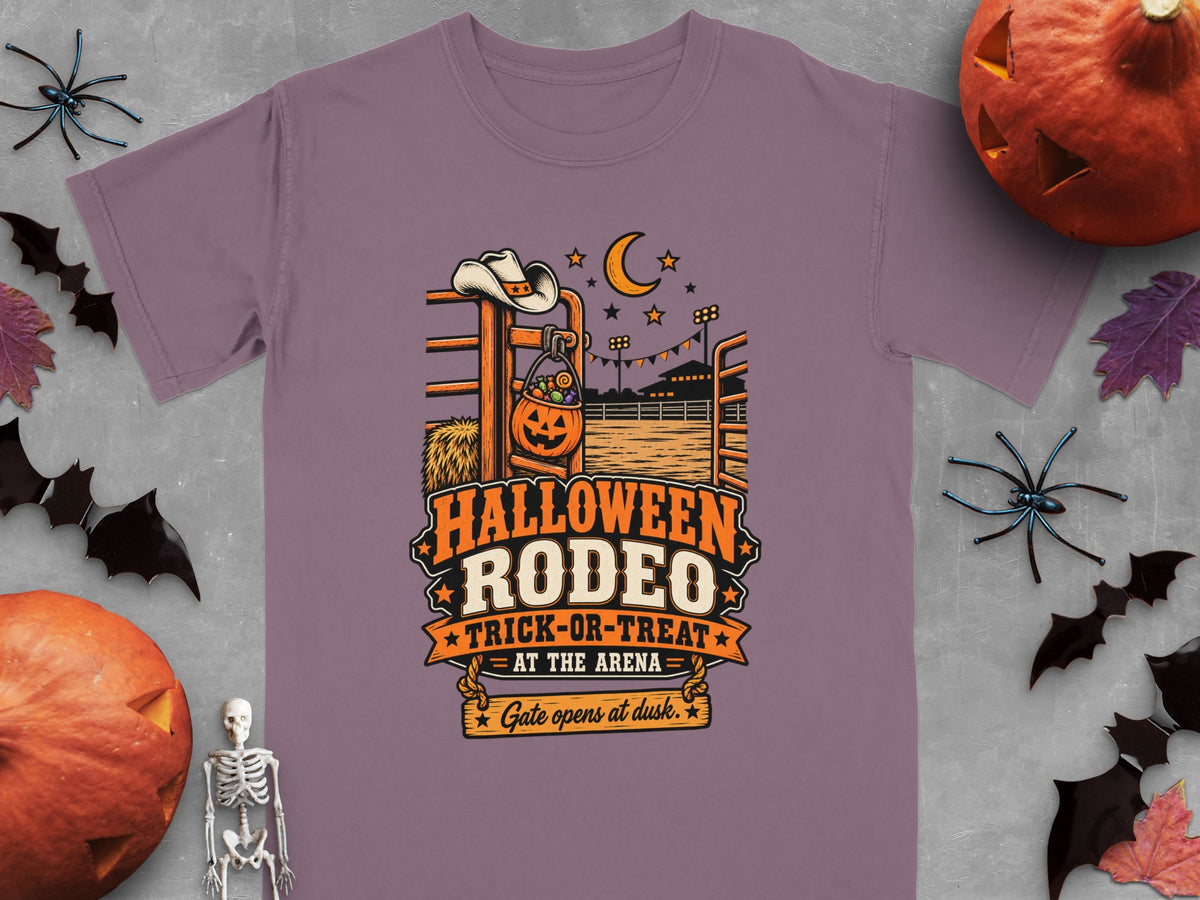 Halloween Rodeo Trick-or-Treat graphic with cowboy hat and jack-o'-lantern bucket.