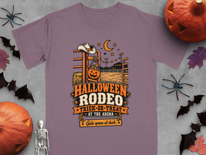 Halloween Rodeo Trick-or-Treat graphic with cowboy hat and jack-o'-lantern bucket.