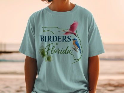 T-shirt with "Birders of Florida" text, Florida outline, spoonbill, and bluebird.