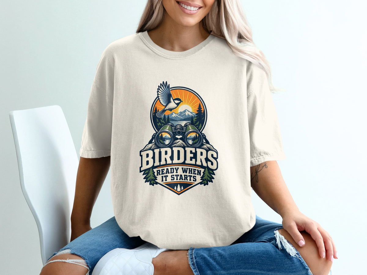 Shirt with "Birders Ready When It Starts" text and nature graphic.