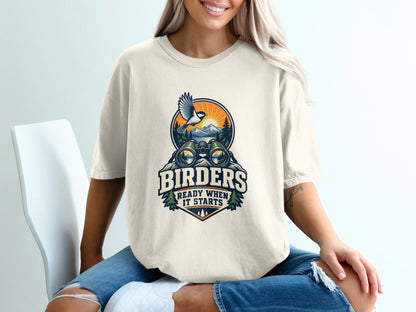 Shirt with "Birders Ready When It Starts" text and nature graphic.
