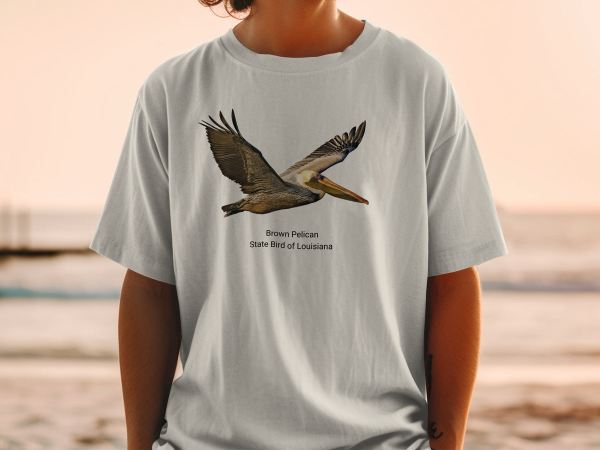Brown Pelican, State Bird of Louisiana graphic on a grey t-shirt.
