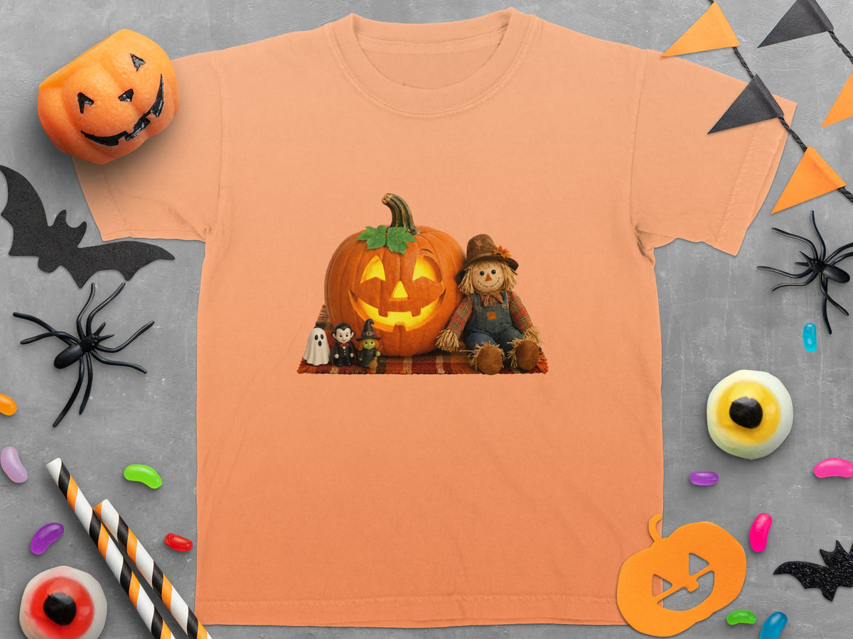 Orange t-shirt with a Halloween graphic of a jack-o'-lantern, scarecrow, and tiny figures.