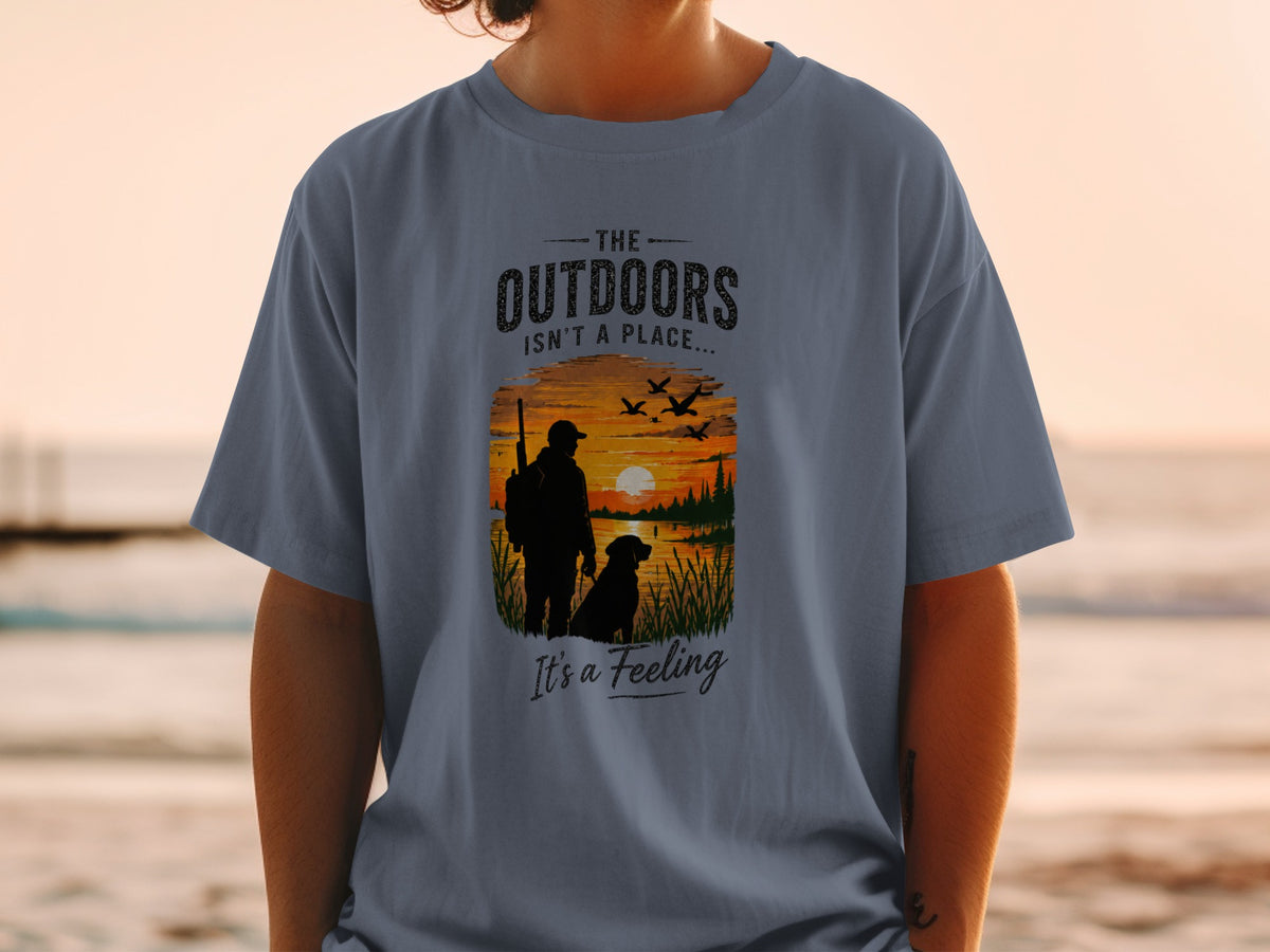 T-shirt with graphic: "The Outdoors Isn't a Place... It's a Feeling."
