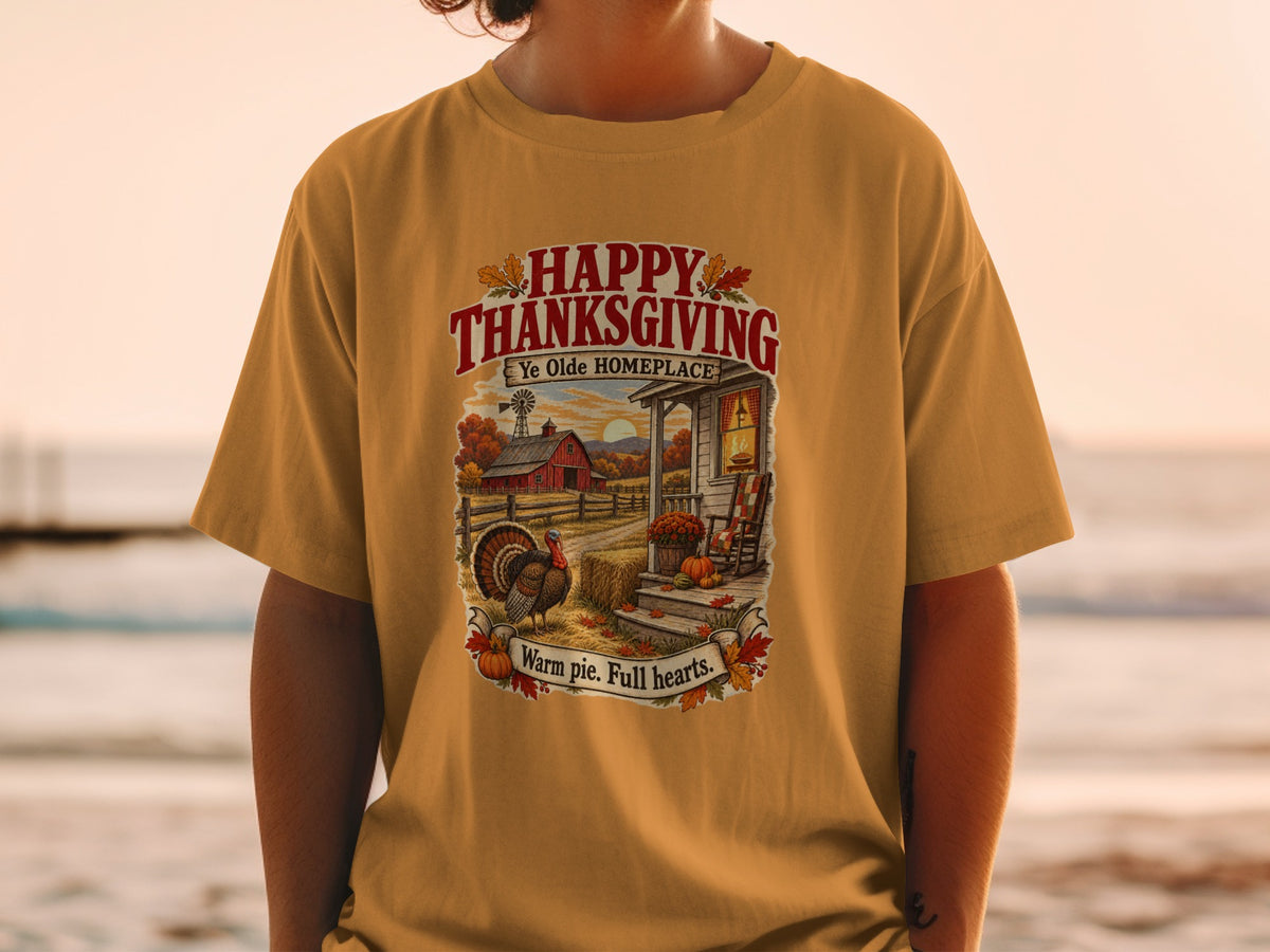Thanksgiving graphic with turkey, barn, and text "Happy Thanksgiving Ye Olde Homeplace Warm pie. Full hearts."