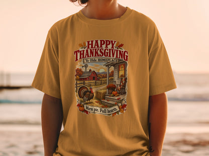 Thanksgiving graphic with turkey, barn, and text "Happy Thanksgiving Ye Olde Homeplace Warm pie. Full hearts."