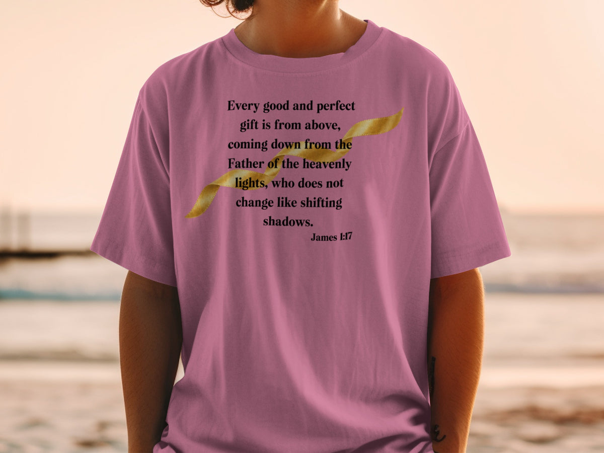 Purple t-shirt with James 1:17 scripture and golden ribbon graphic.