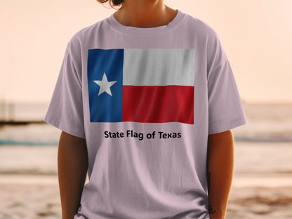T-shirt with the State Flag of Texas design, featuring a single white star on a blue vertical stripe and red and white horizontal stripes.