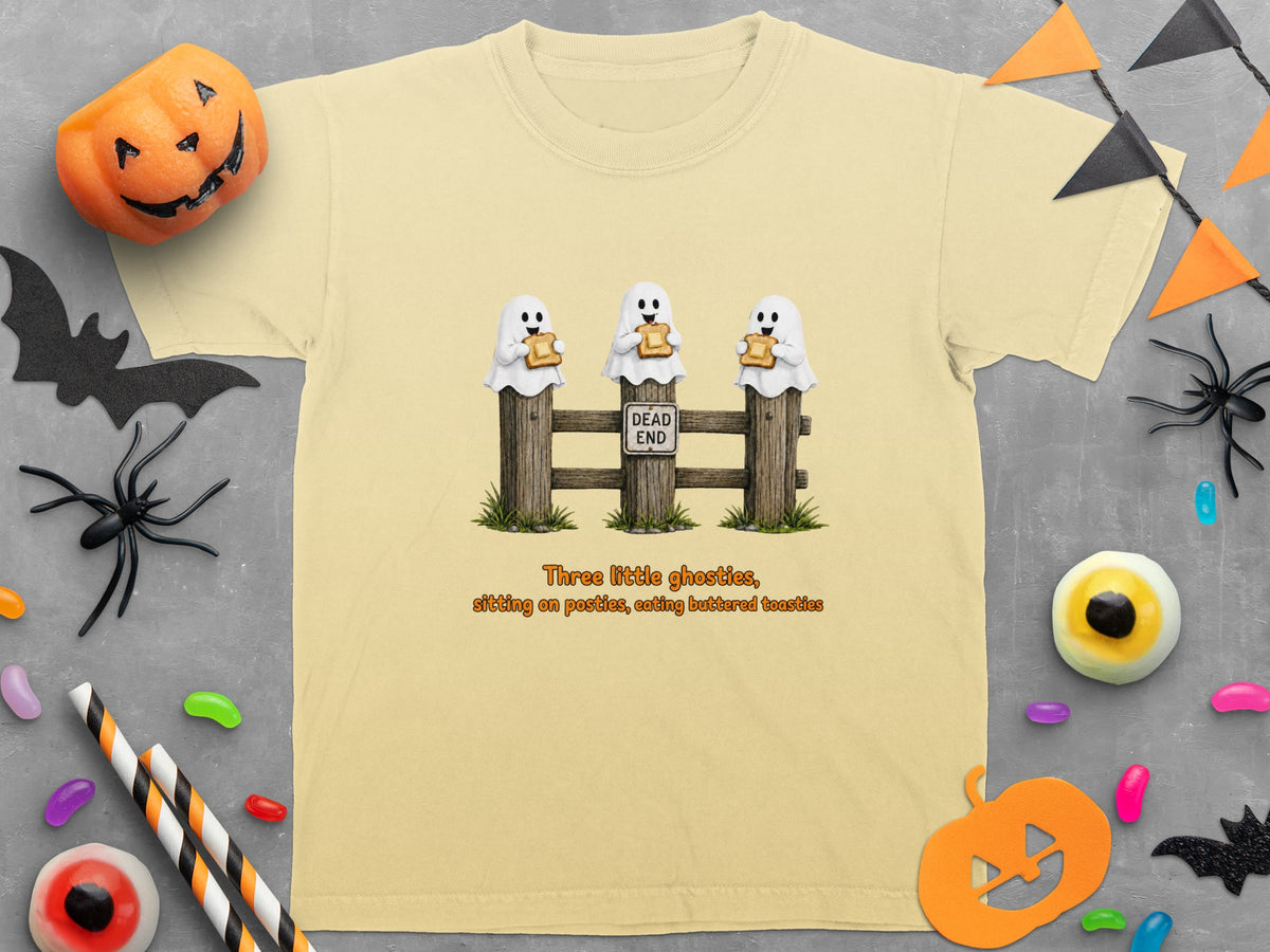 Three cartoon ghosts sitting on a fence eating toast on a yellow t-shirt.