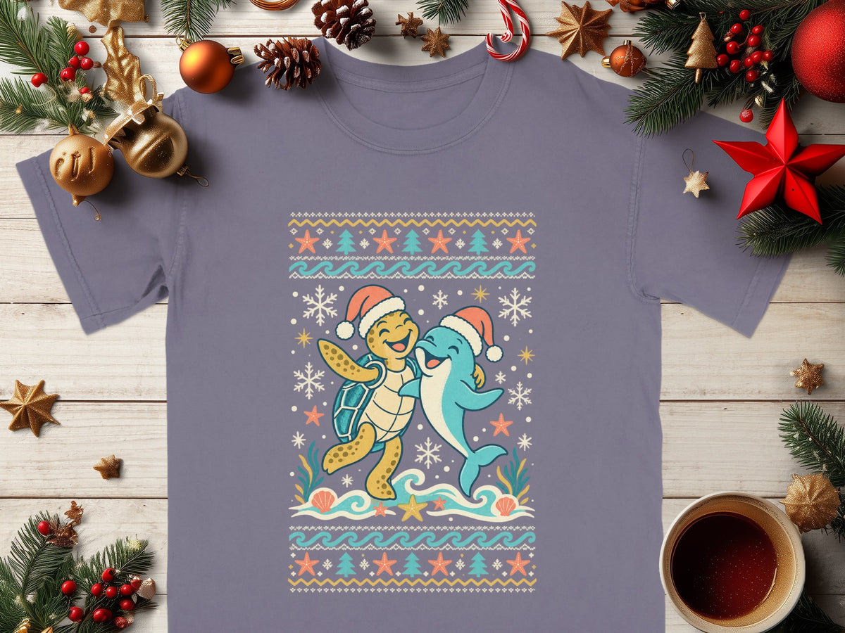 T-shirt with a cartoon turtle and dolphin wearing Santa hats with a Christmas-themed pattern.