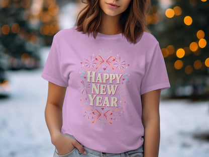 Pink t-shirt with "Happy New Year" text, bow, and fireworks graphic.