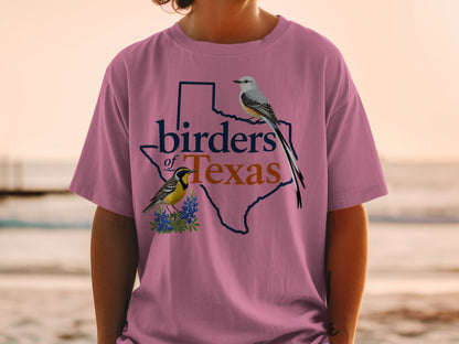 T-shirt with outline of Texas, birds, and text "birders of Texas".