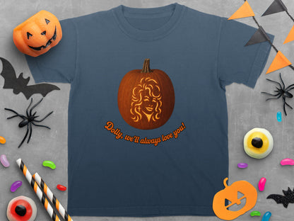Navy t-shirt with a pumpkin carved in the likeness of Dolly Parton and the text "Dolly, we'll always love you!".