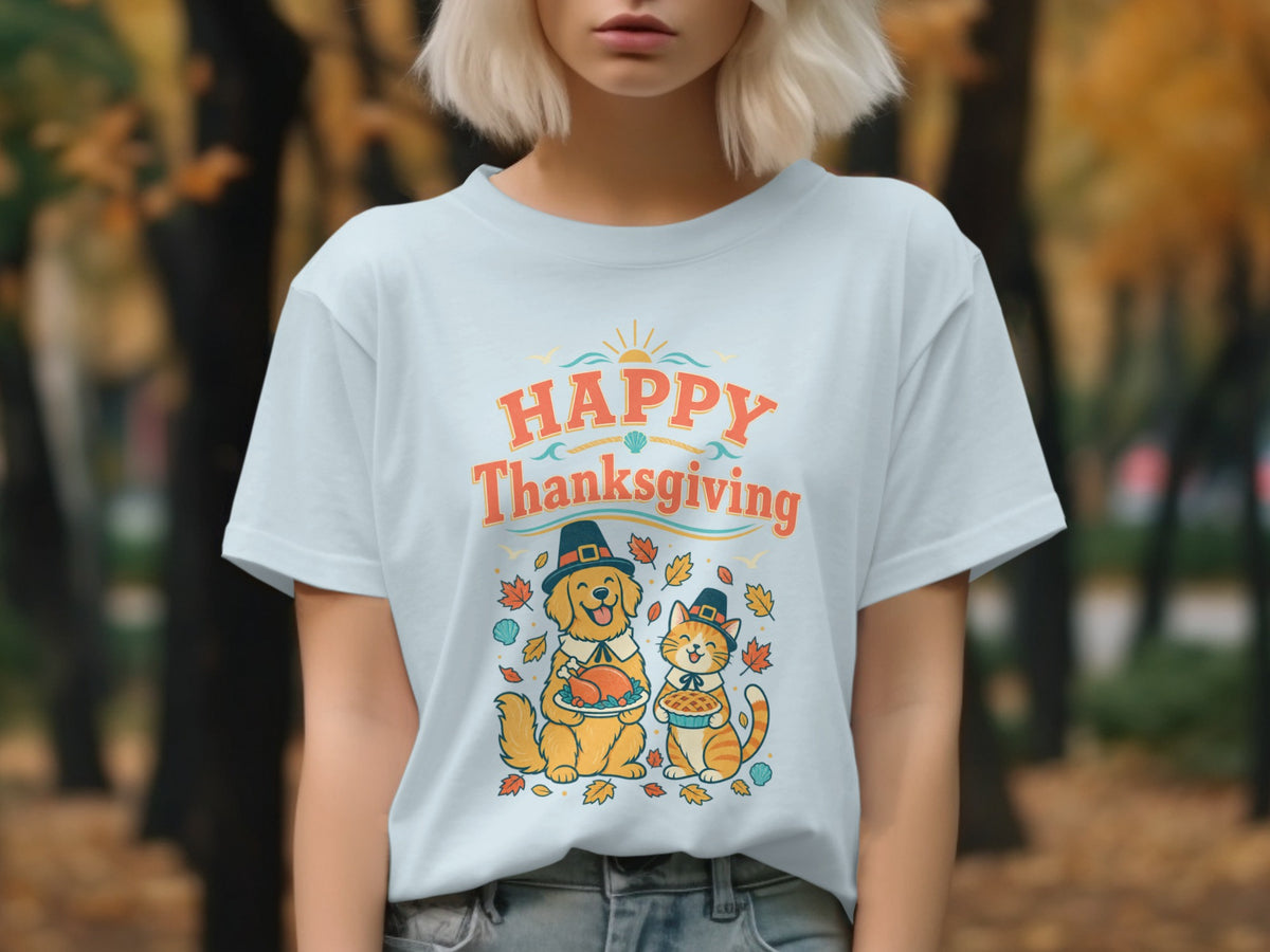 Happy Thanksgiving text with dog and cat wearing pilgrim hats, holding food.