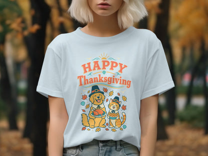 Happy Thanksgiving text with dog and cat wearing pilgrim hats, holding food.