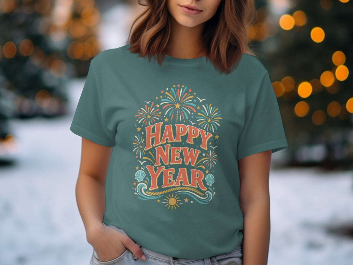 Teal t-shirt with "Happy New Year" text and fireworks graphic.
