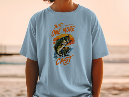 Light blue t-shirt with a jumping bass and "JUST ONE MORE CAST" text.