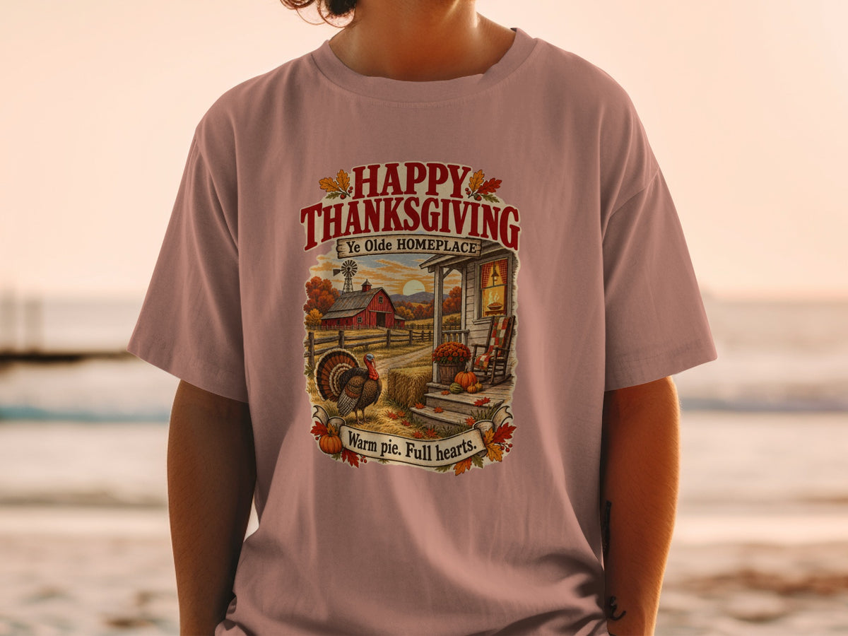 Thanksgiving graphic with turkey, farm, and text "Happy Thanksgiving Ye Olde Homeplace."