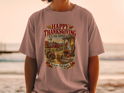Thanksgiving graphic with turkey, farm, and text "Happy Thanksgiving Ye Olde Homeplace."