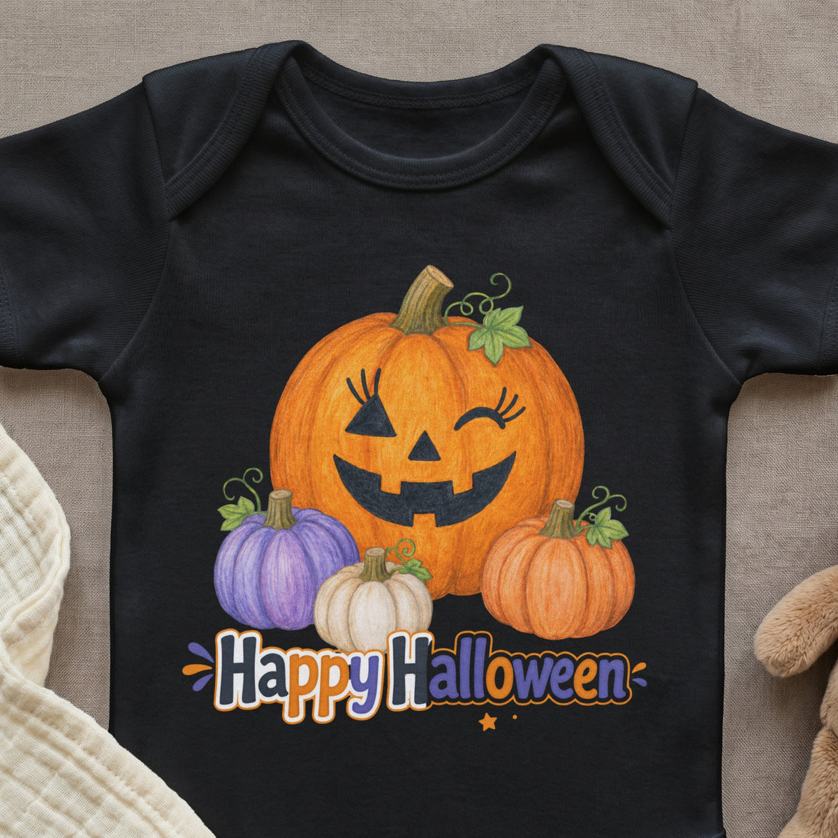 Black bodysuit with pumpkins and "Happy Halloween" text graphic.