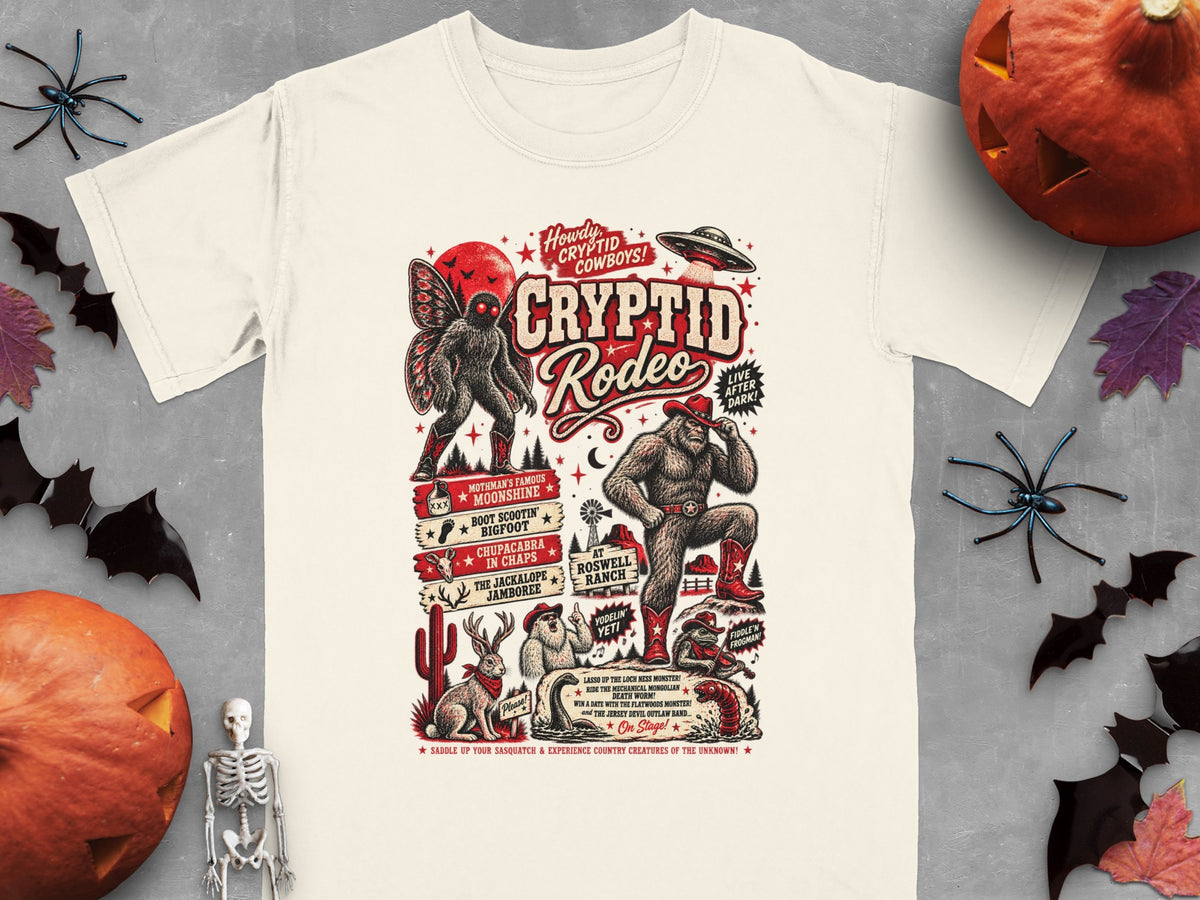 Cryptid Rodeo t-shirt features Bigfoot, Mothman, Jackalope, Frogman, and UFO.