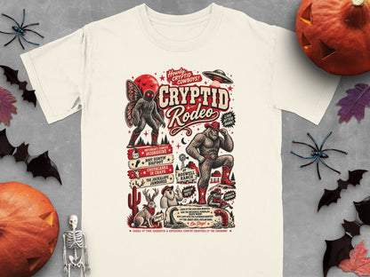 Cryptid Rodeo t-shirt features Bigfoot, Mothman, Jackalope, Frogman, and UFO.