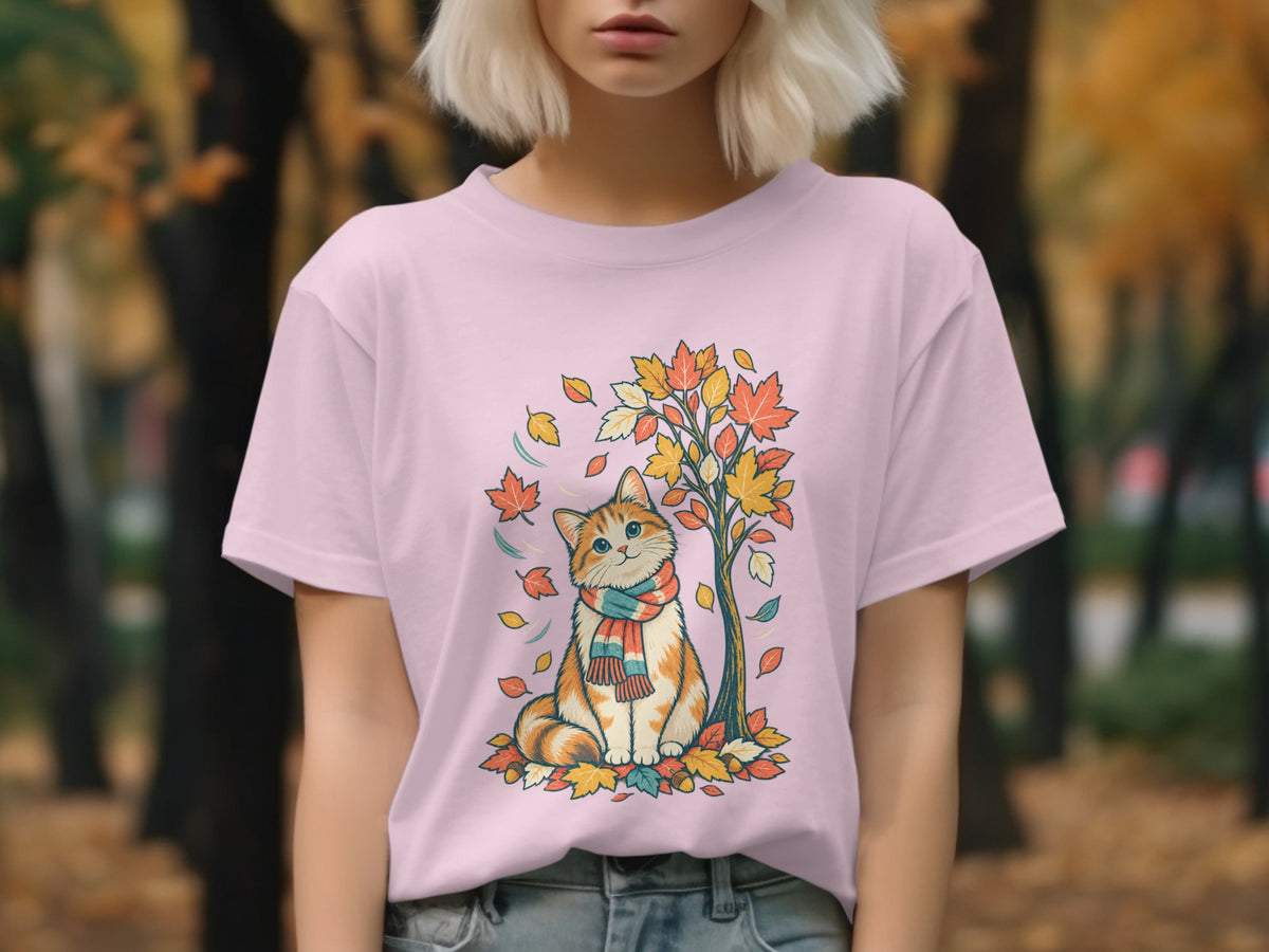 Pink t-shirt with a graphic of an orange tabby cat wearing a scarf under an autumn tree.