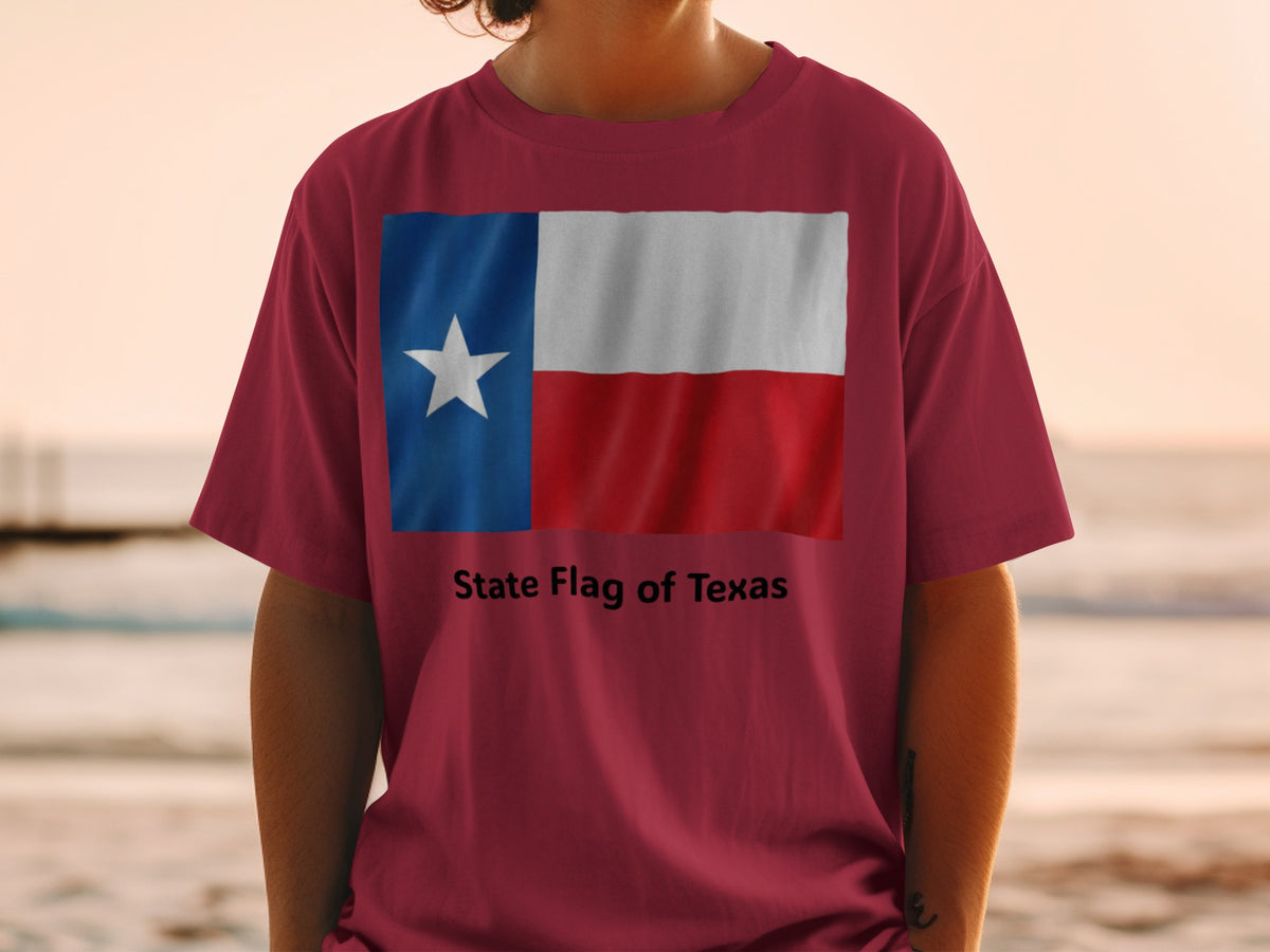 Maroon t-shirt with the State Flag of Texas and text "State Flag of Texas".