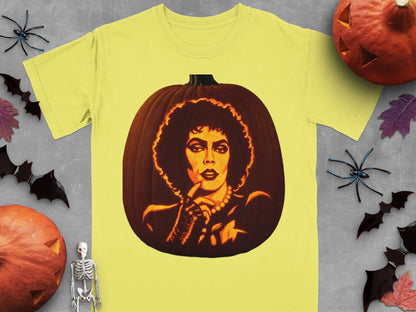 A yellow t-shirt features a graphic of a carved pumpkin depicting Frank N. Furter.