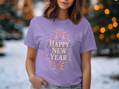 Purple t-shirt with "Happy New Year" text surrounded by bows and fireworks.
