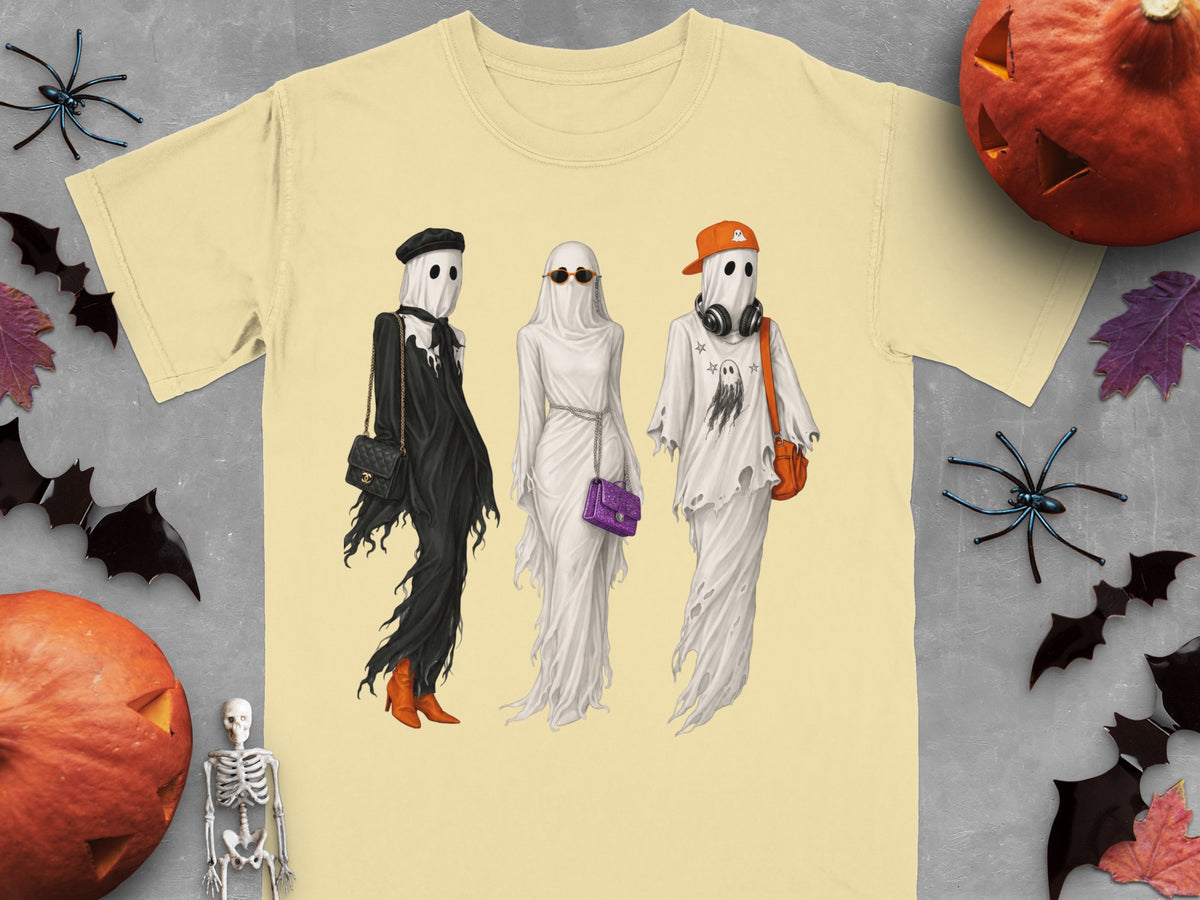 Three ghosts in Halloween outfits, one with a black beret, another with sunglasses, and one with a baseball cap and headphones.