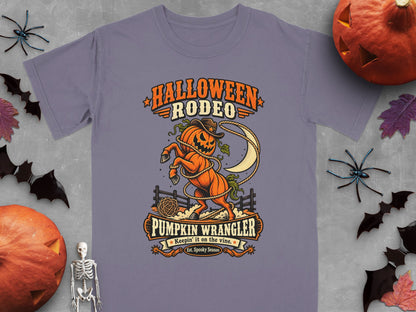 Halloween Rodeo pumpkin wrangler shirt with rope and moon graphic.