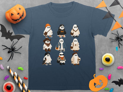 T-shirt with nine illustrated ghosts in various outfits and accessories.