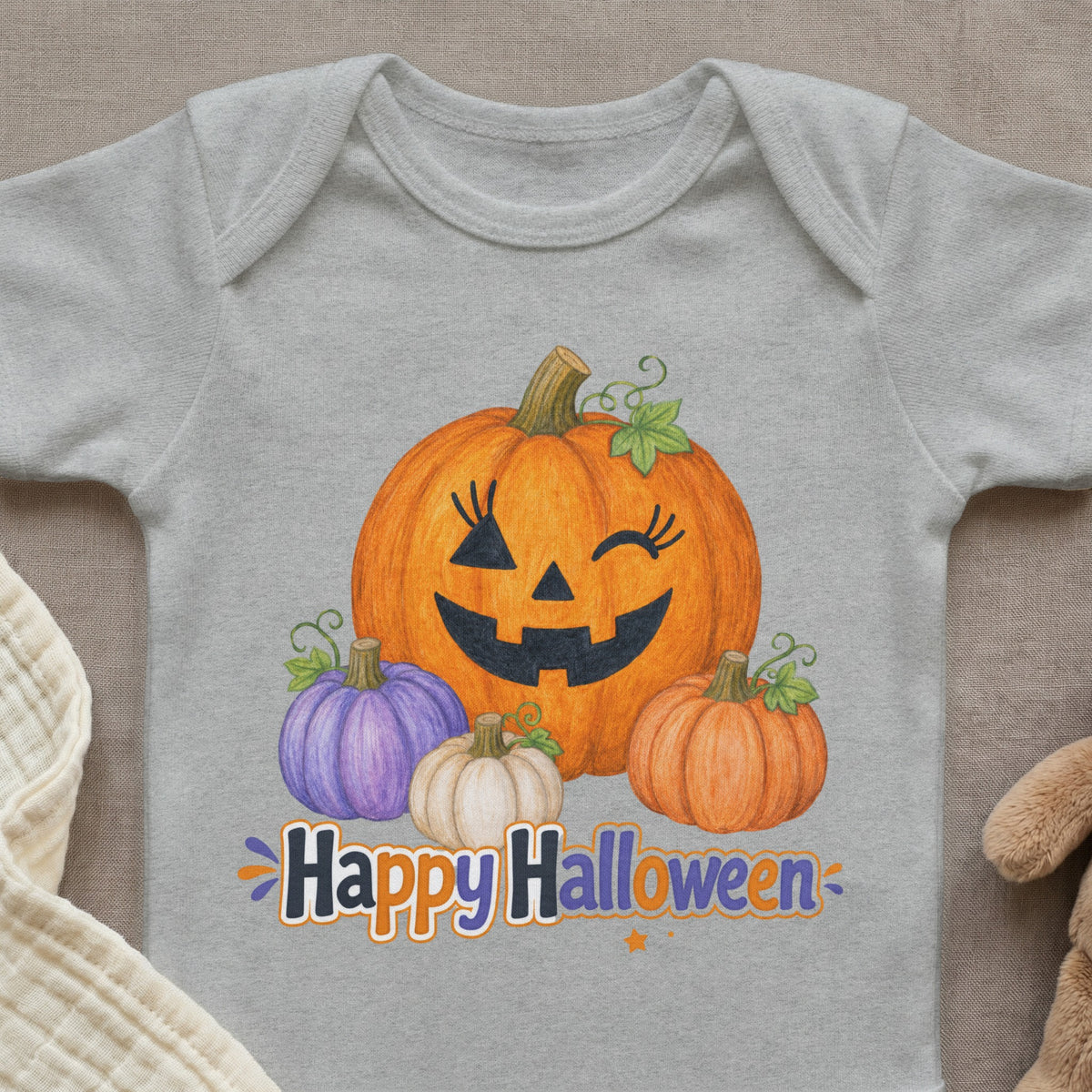 Gray baby bodysuit with pumpkins and "Happy Halloween" text graphic.