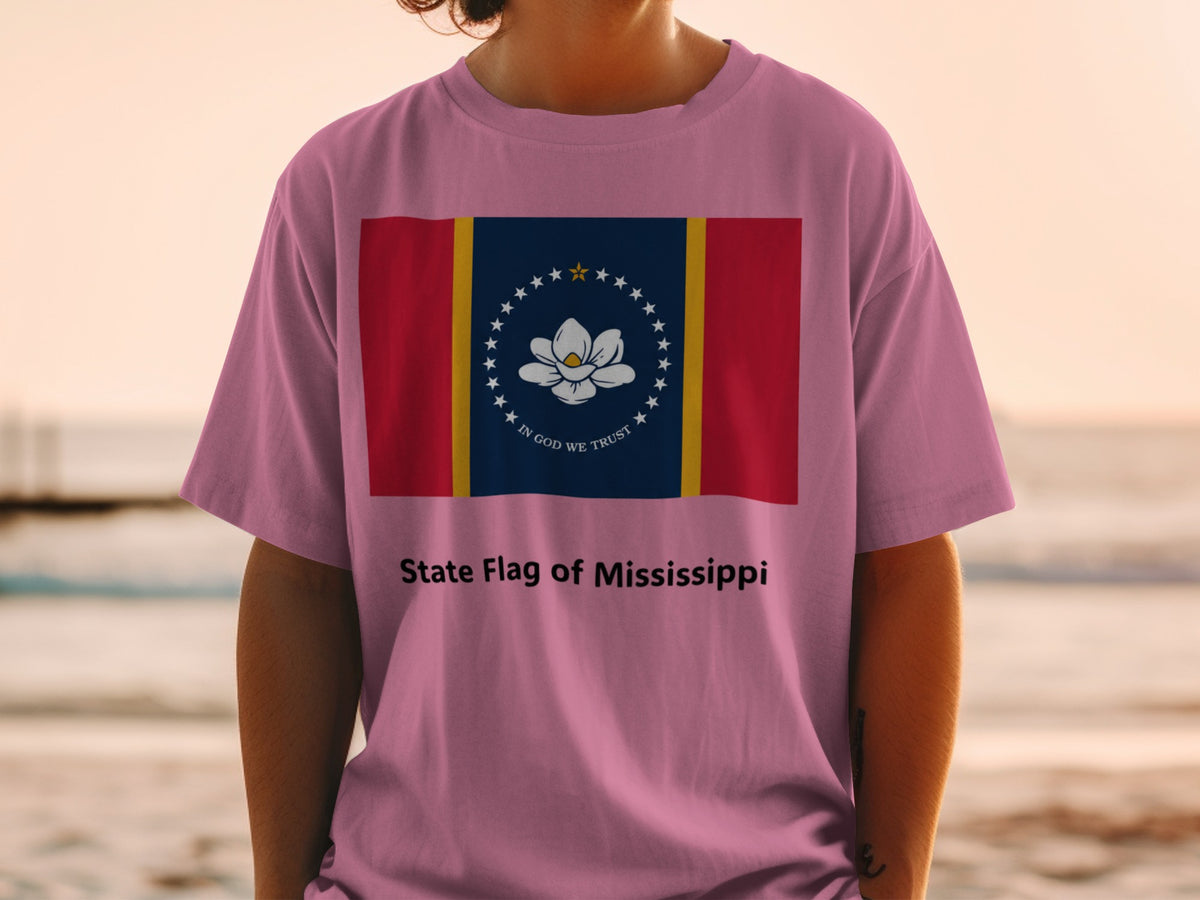 Pink t-shirt with the Mississippi state flag and "State Flag of Mississippi" text.