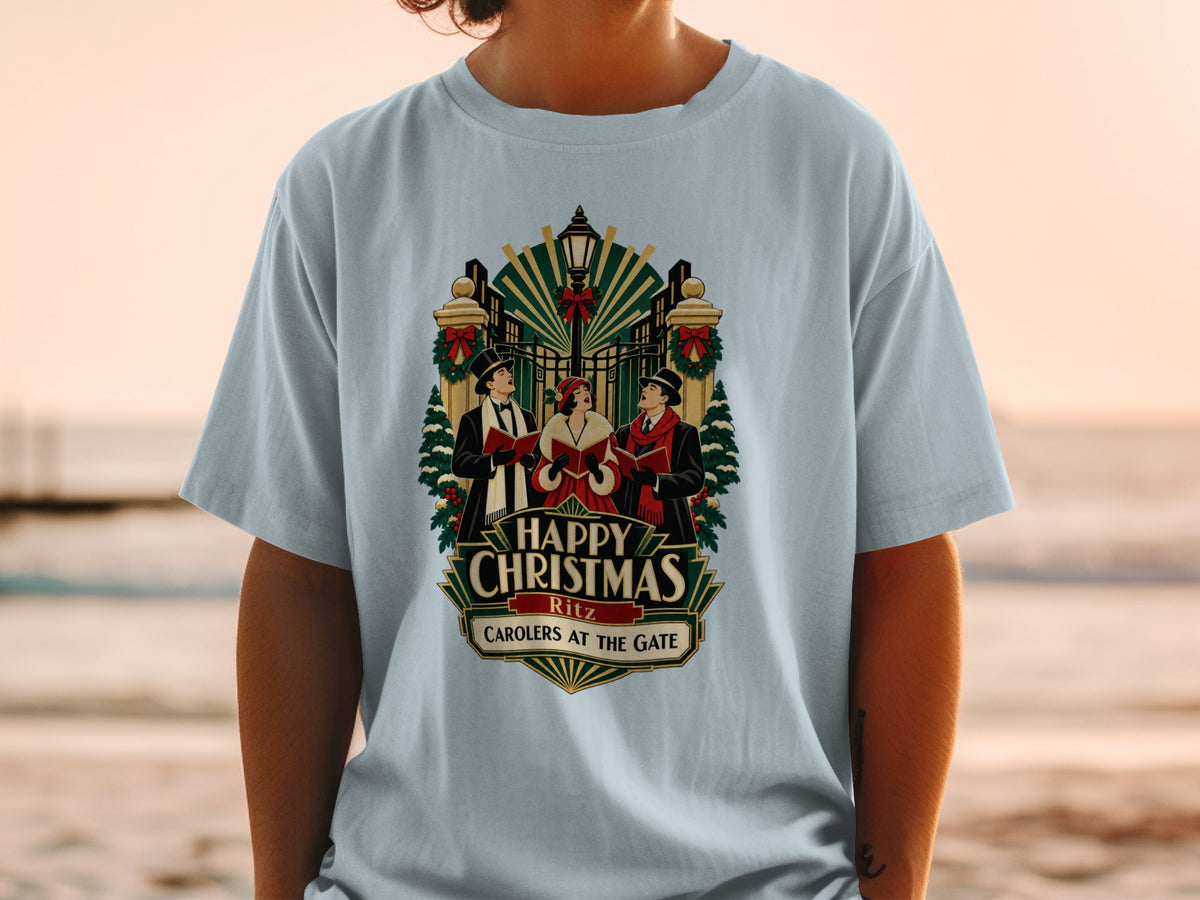 T-shirt with "Happy Christmas Ritz Carolers at the Gate" design.
