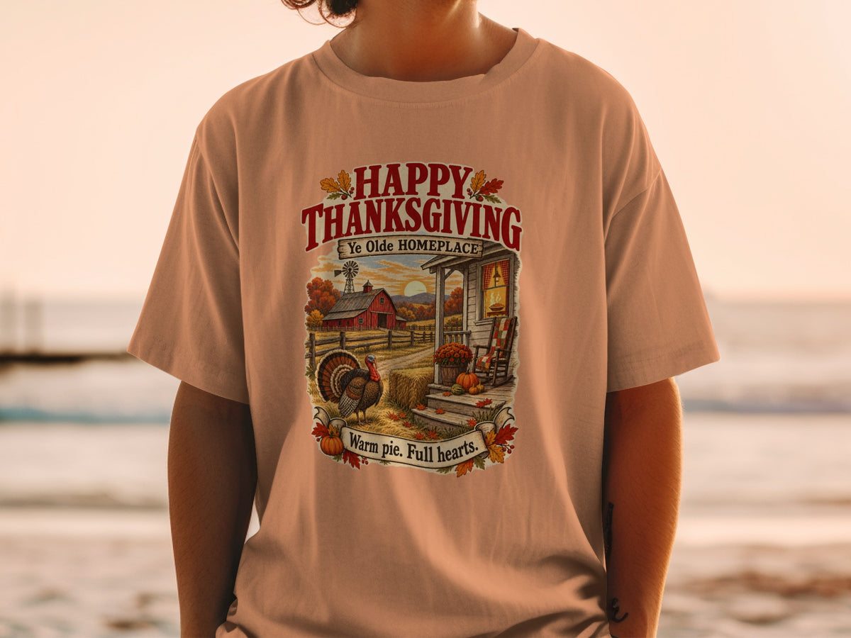 Thanksgiving graphic with turkey, barn, and pumpkins, reading "Happy Thanksgiving Ye Olde Homeplace".
