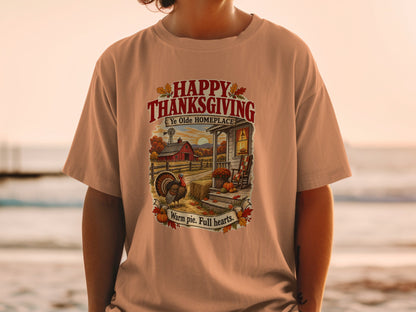 Thanksgiving graphic with turkey, barn, and pumpkins, reading "Happy Thanksgiving Ye Olde Homeplace".