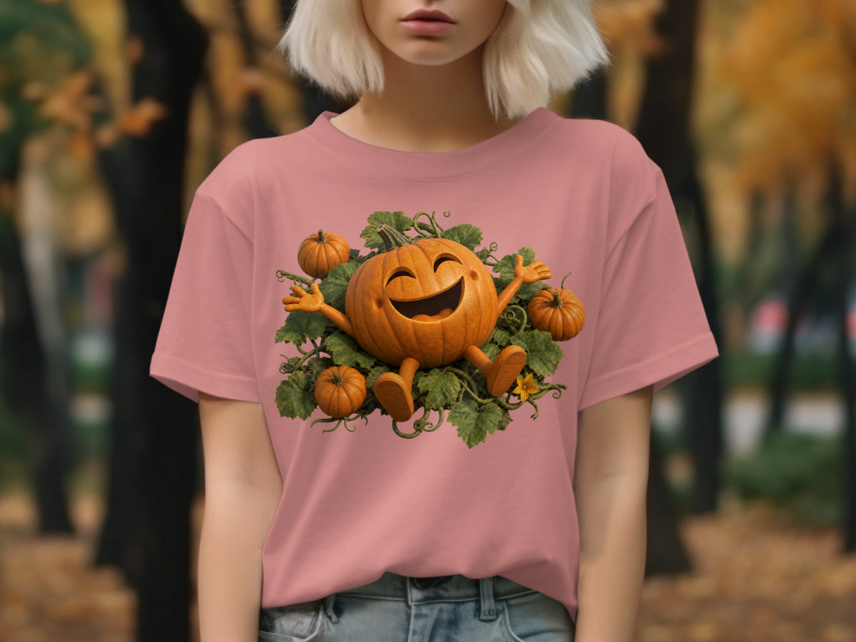 Pink t-shirt with smiling cartoon pumpkin surrounded by leaves and smaller pumpkins.