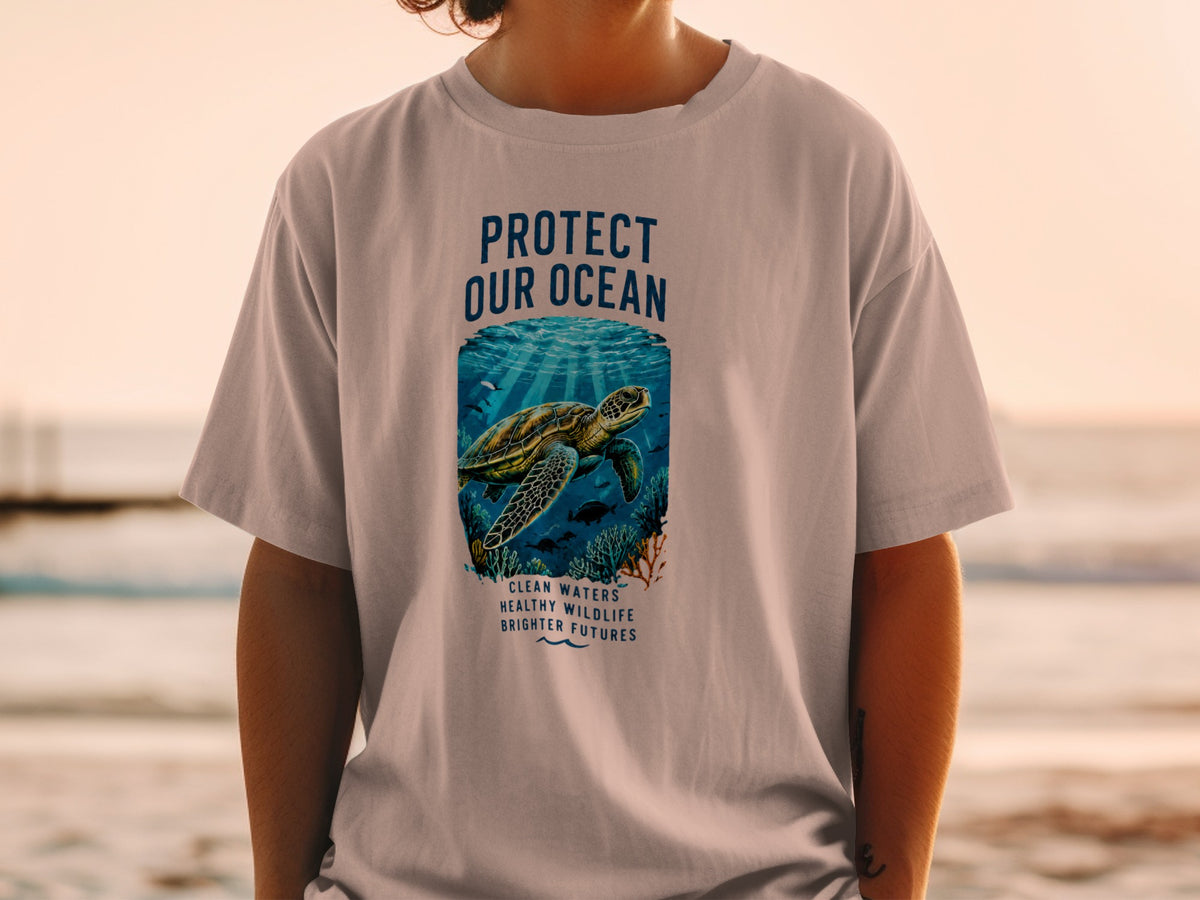 T-shirt with "Protect Our Ocean" text and sea turtle graphic.
