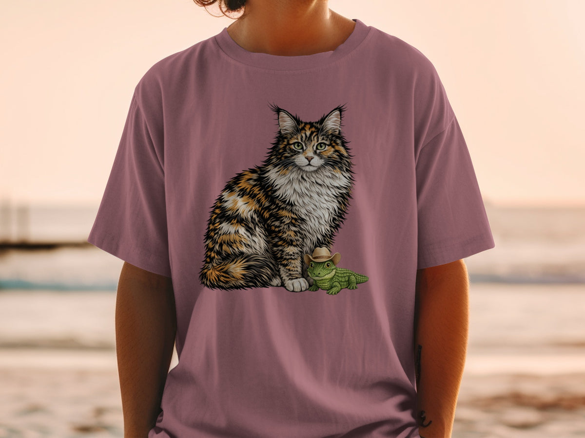 A person wearing a dusty pink t-shirt printed with a fluffy cat and a small alligator wearing a cowboy hat.