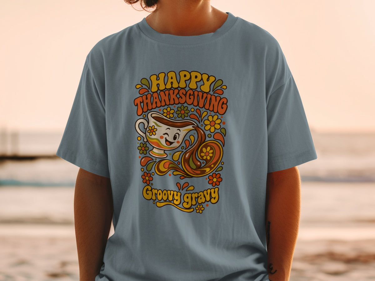 Happy Thanksgiving Groovy Gravy shirt with retro design and floral accents.