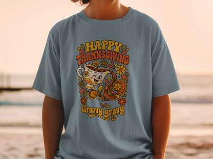 Happy Thanksgiving Groovy Gravy shirt with retro design and floral accents.