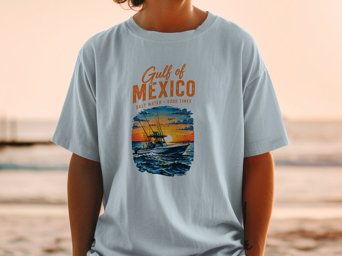 T-shirt graphic with "Gulf of Mexico" and a boat at sunset.