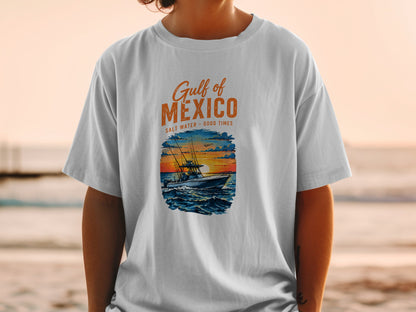 T-shirt graphic: Gulf of Mexico, boat at sunset, salt water good times.