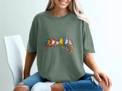 Green t-shirt featuring a watercolor illustration of seven colorful birds on a branch.
